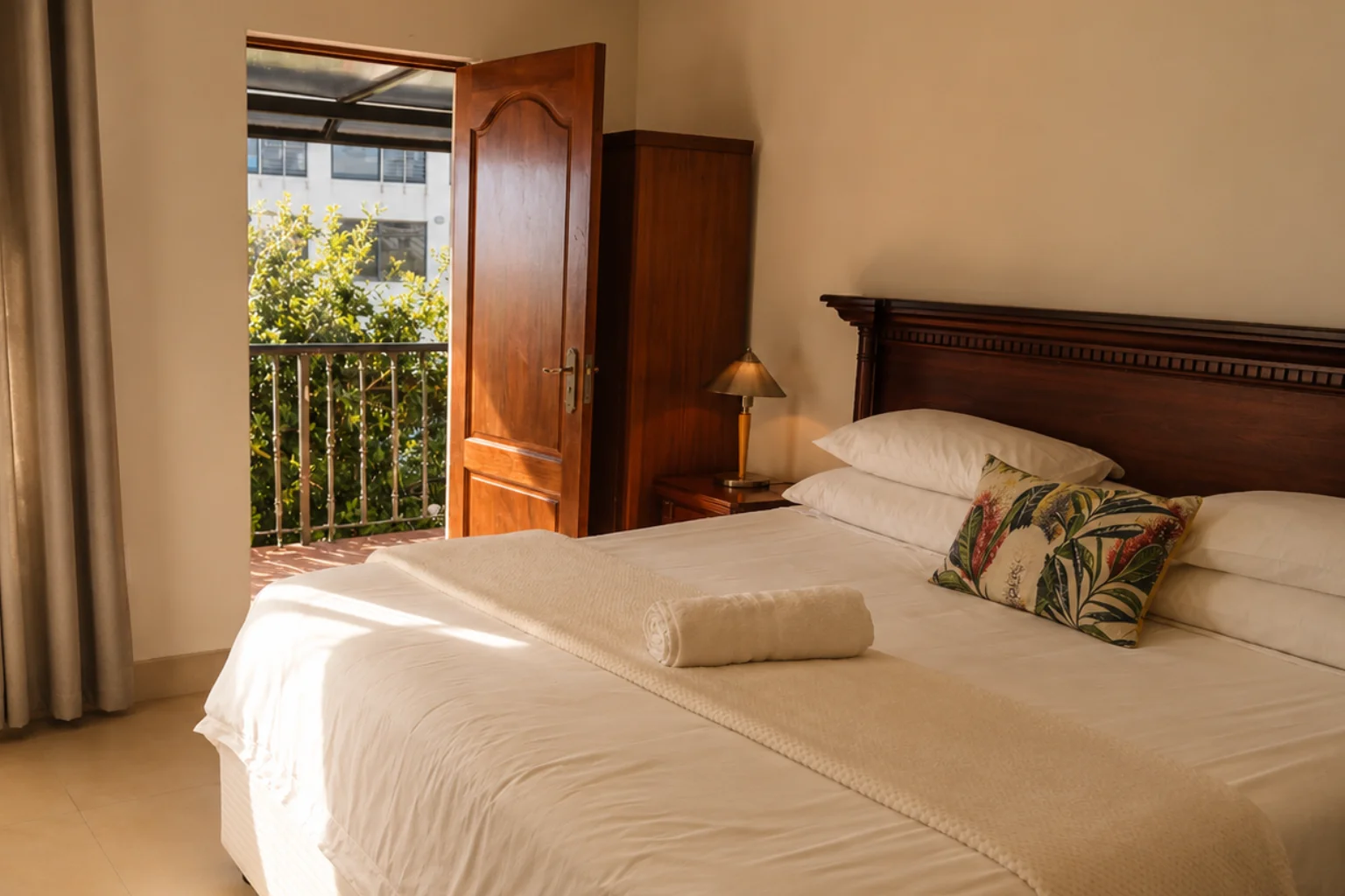 Blouberg Manor suite interior with king bed and balcony